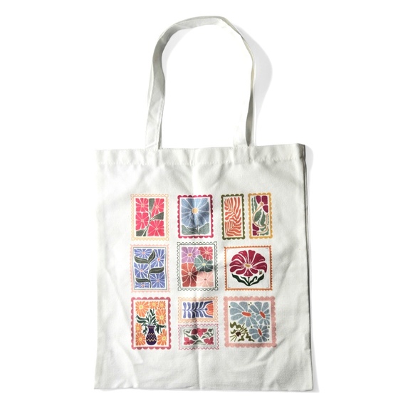 unbranded Handbags - Vintage Style Floral Postage Stamp Canvas Tote Bag - Aesthetic Botanical Grid